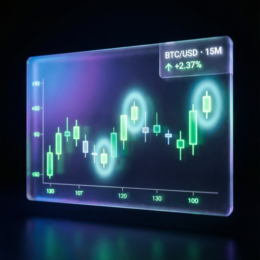 Futuristic candlestick chart analysis with glassmorphism interface