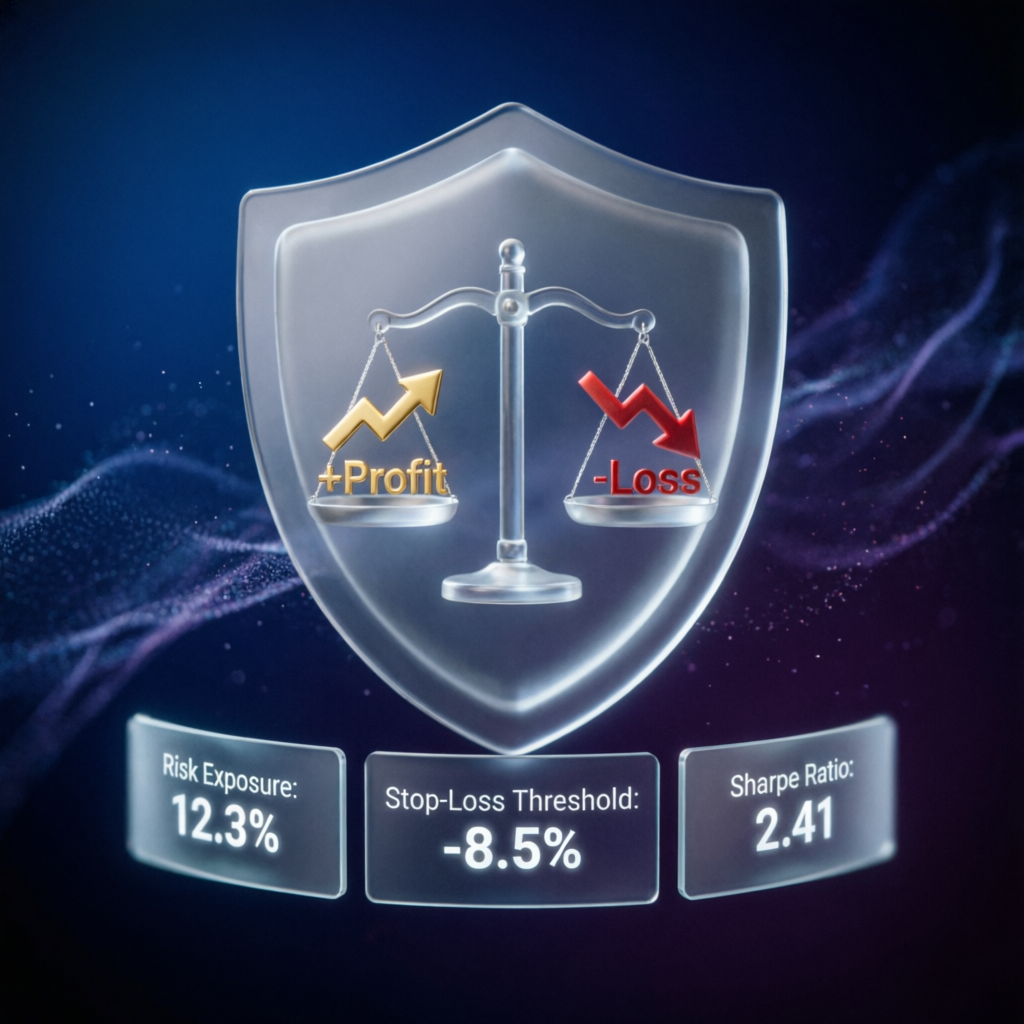 Risk management visualization with profit loss balance shield