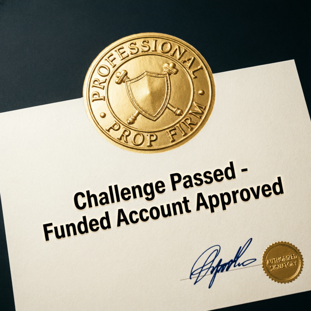 Prop firm challenge passed certificate showing funded account approval