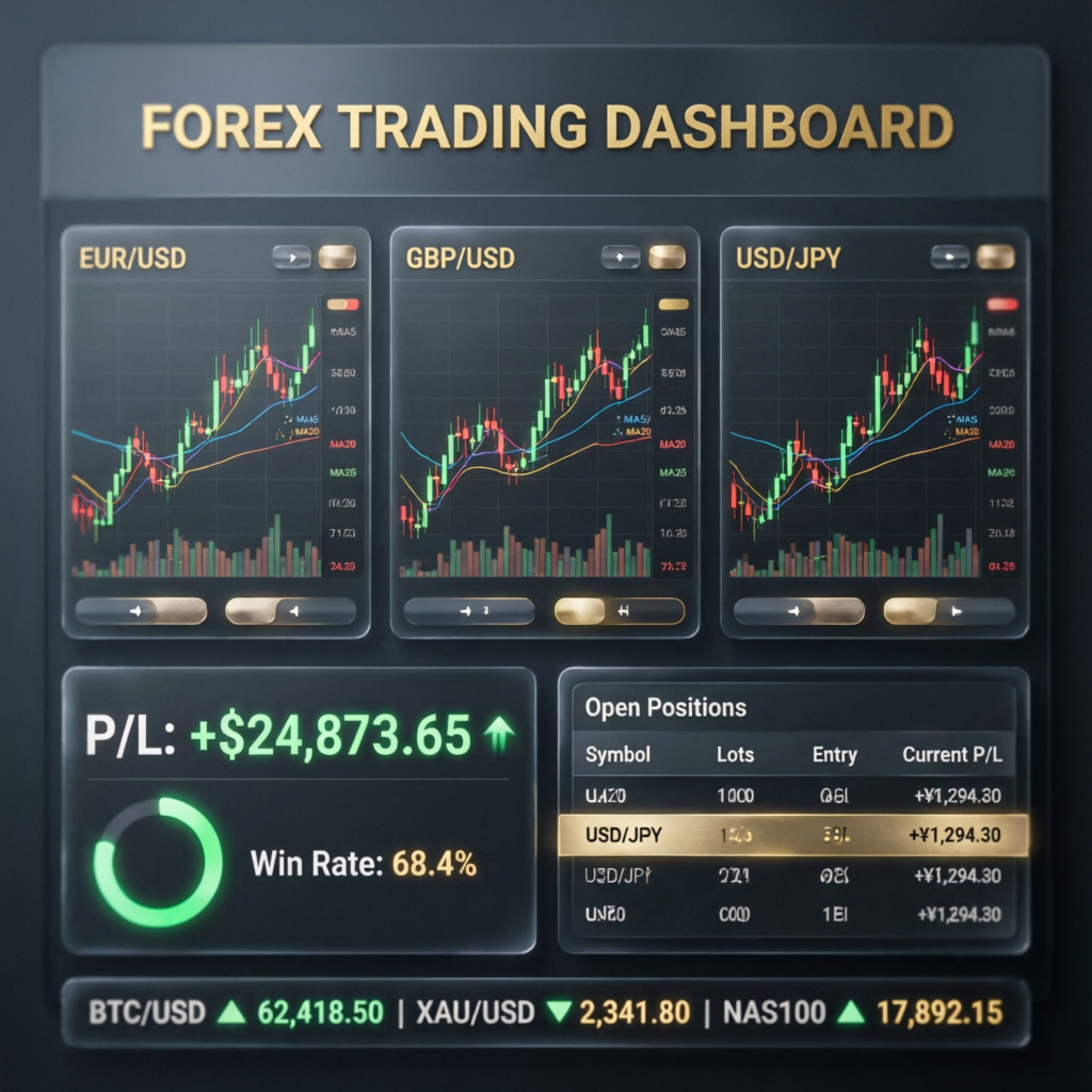 Professional forex trading dashboard showing profitable prop firm challenge results with P/L and win rate statistics