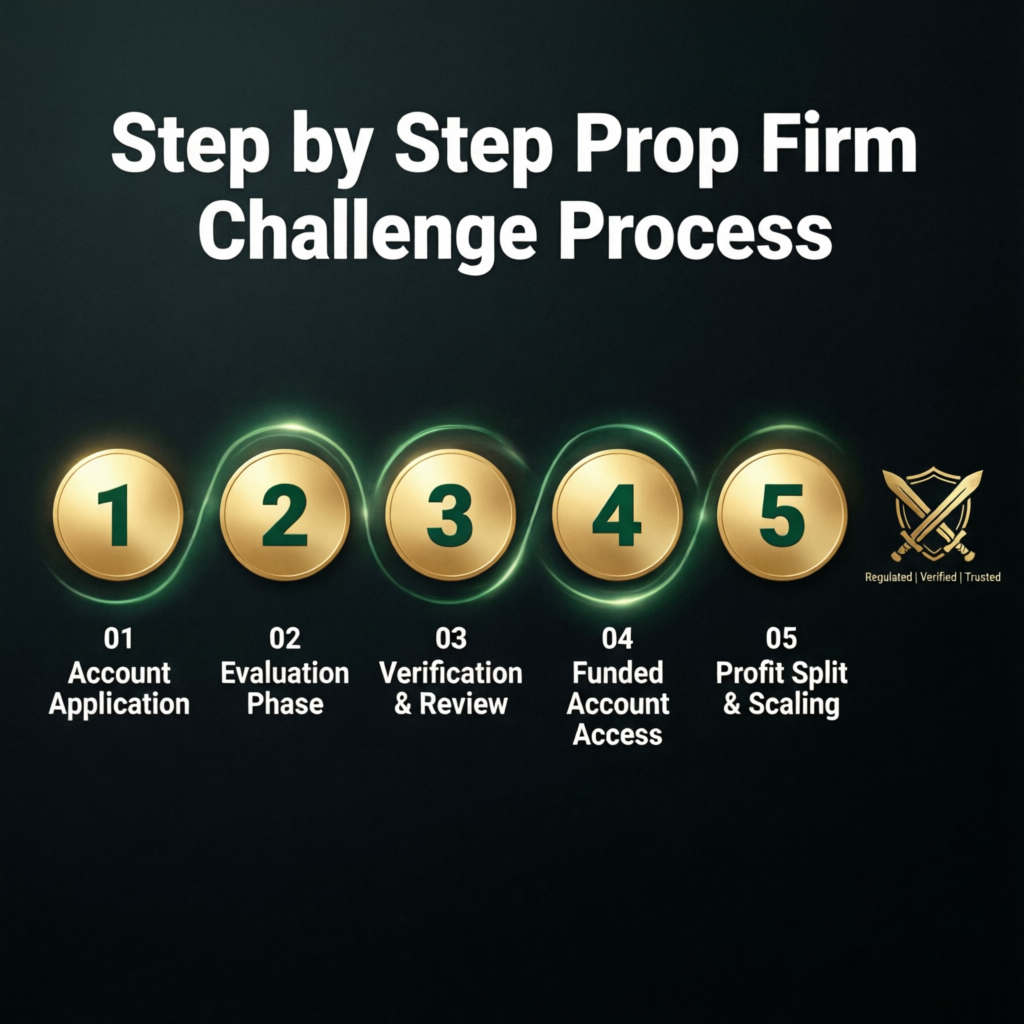 Step by step prop firm challenge process flowchart showing the 5 stages from account application to profit split