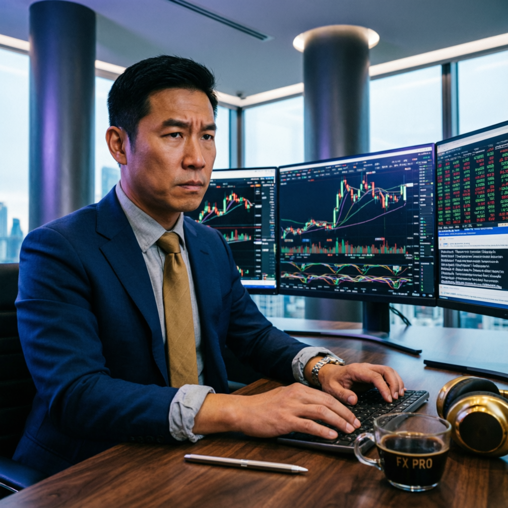 Professional forex trader analyzing charts on multiple monitors at a modern trading desk