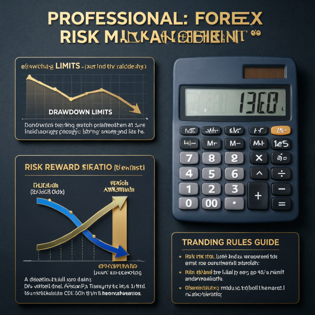 Professional forex risk management infographic showing drawdown limits and risk reward ratio