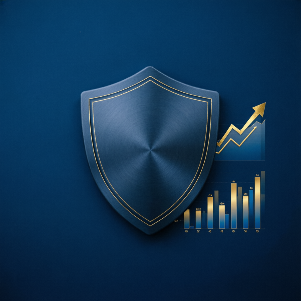 Risk management shield protecting trading account with financial growth chart