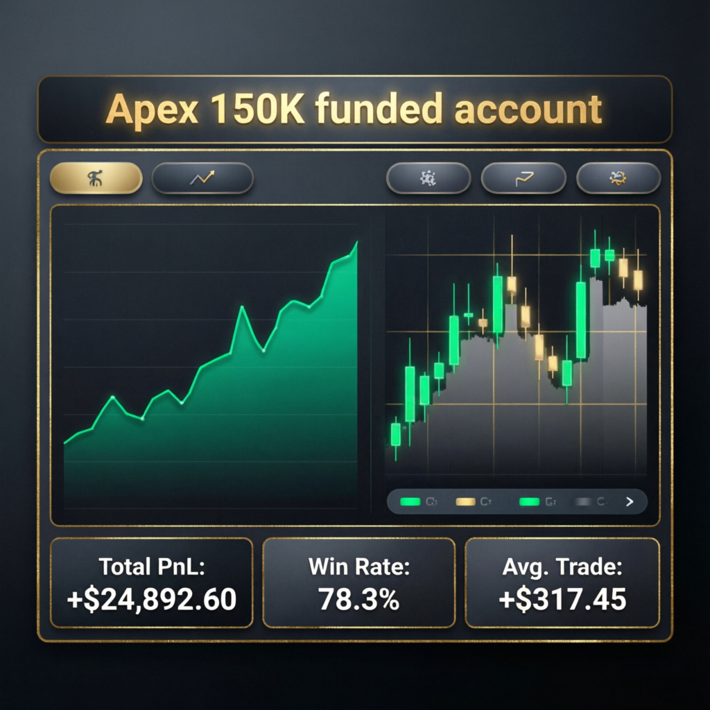 Apex 150K funded account dashboard showing profit charts and trading metrics