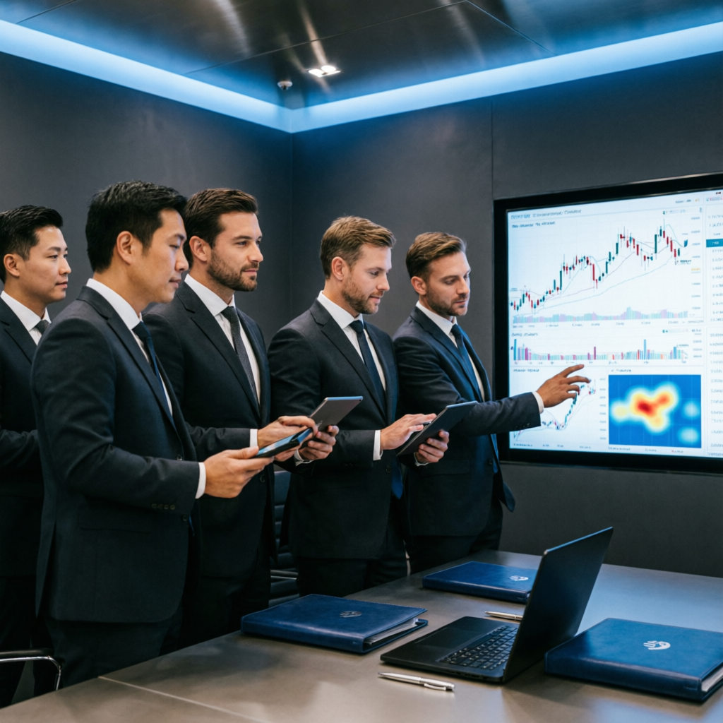 Professional trading team analyzing Apex 150K account performance metrics