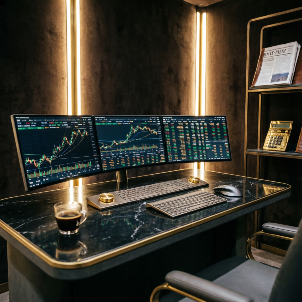 Luxury premium trading desk with multiple screens and professional setup