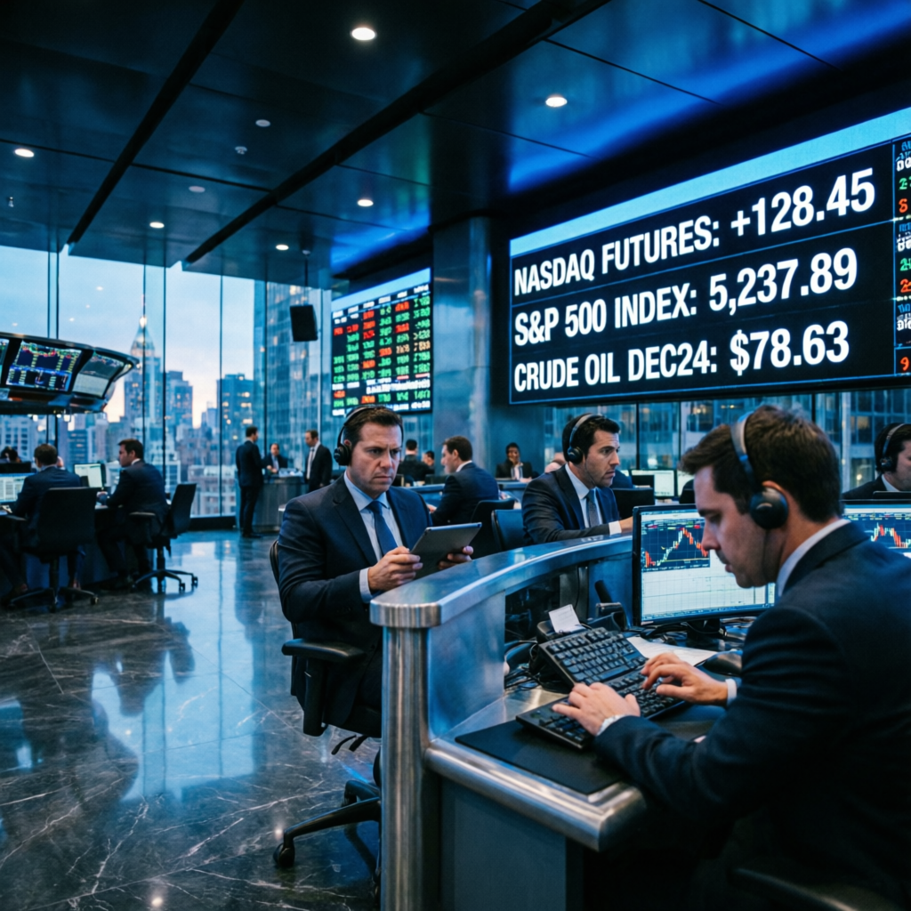 Professional futures trading floor with traders analyzing market data