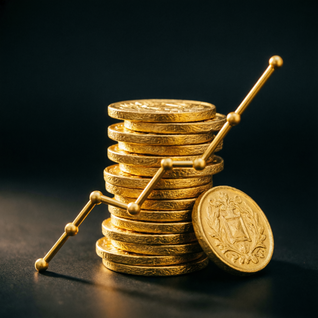 Gold coins stacked with growth chart representing Apex 150K account payouts