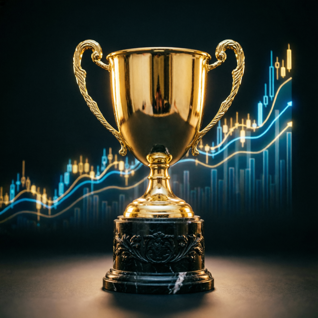 Golden trophy representing success in passing Apex 150K funded account challenge