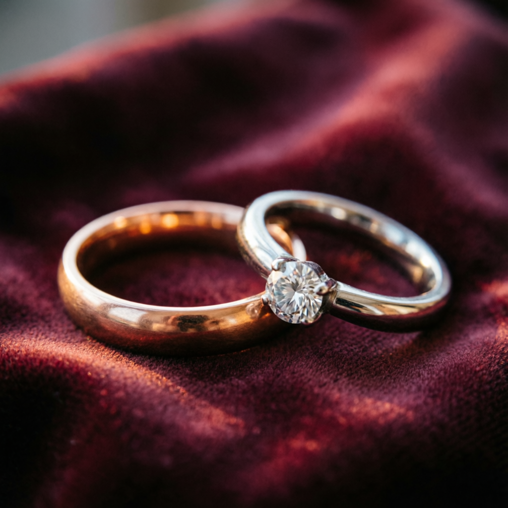 Wedding rings on burgundy silk