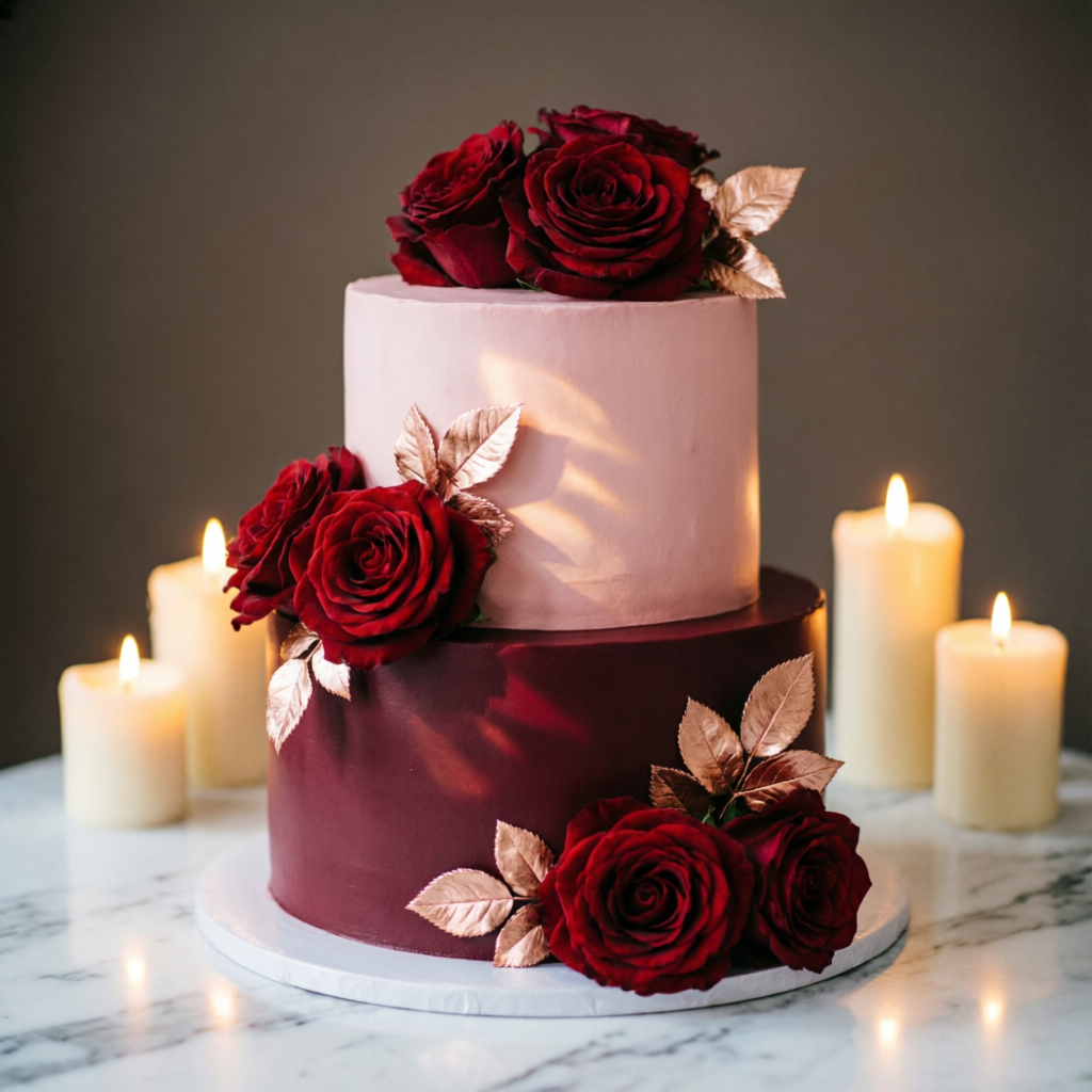 Two-tier burgundy and blush wedding cake