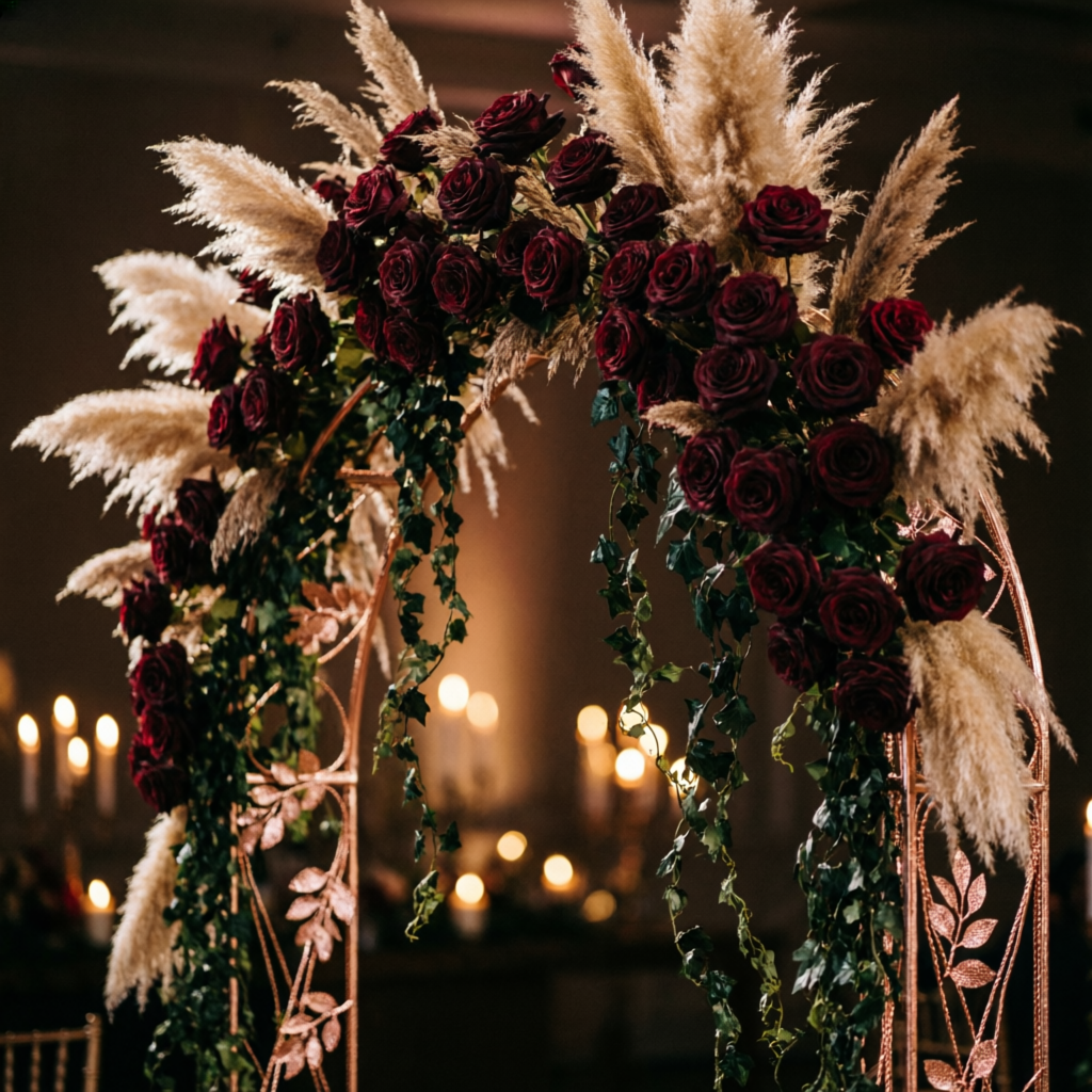 Burgundy rose and pampas floral arch