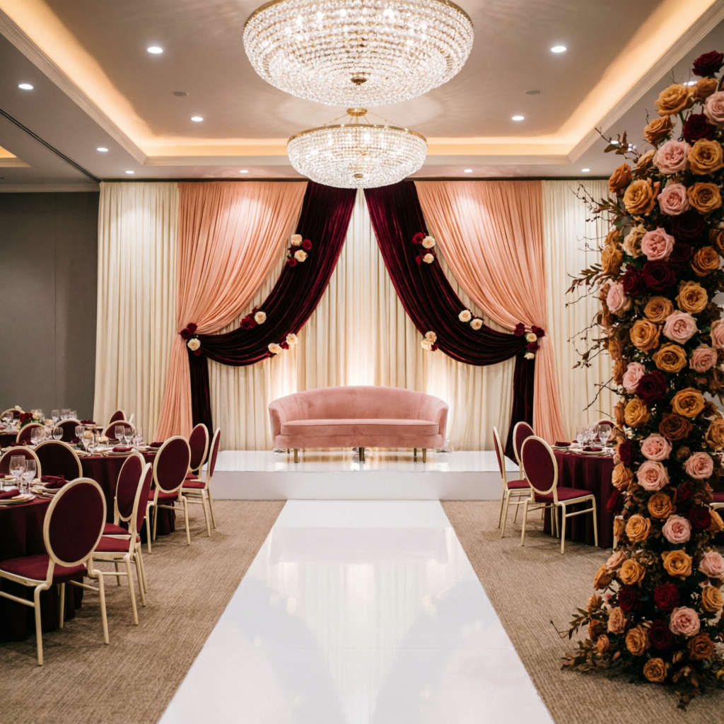 The ballroom at Delta Hotels City Center Doha — draped stage, crystal chandeliers, burgundy tables and a column of caramel roses