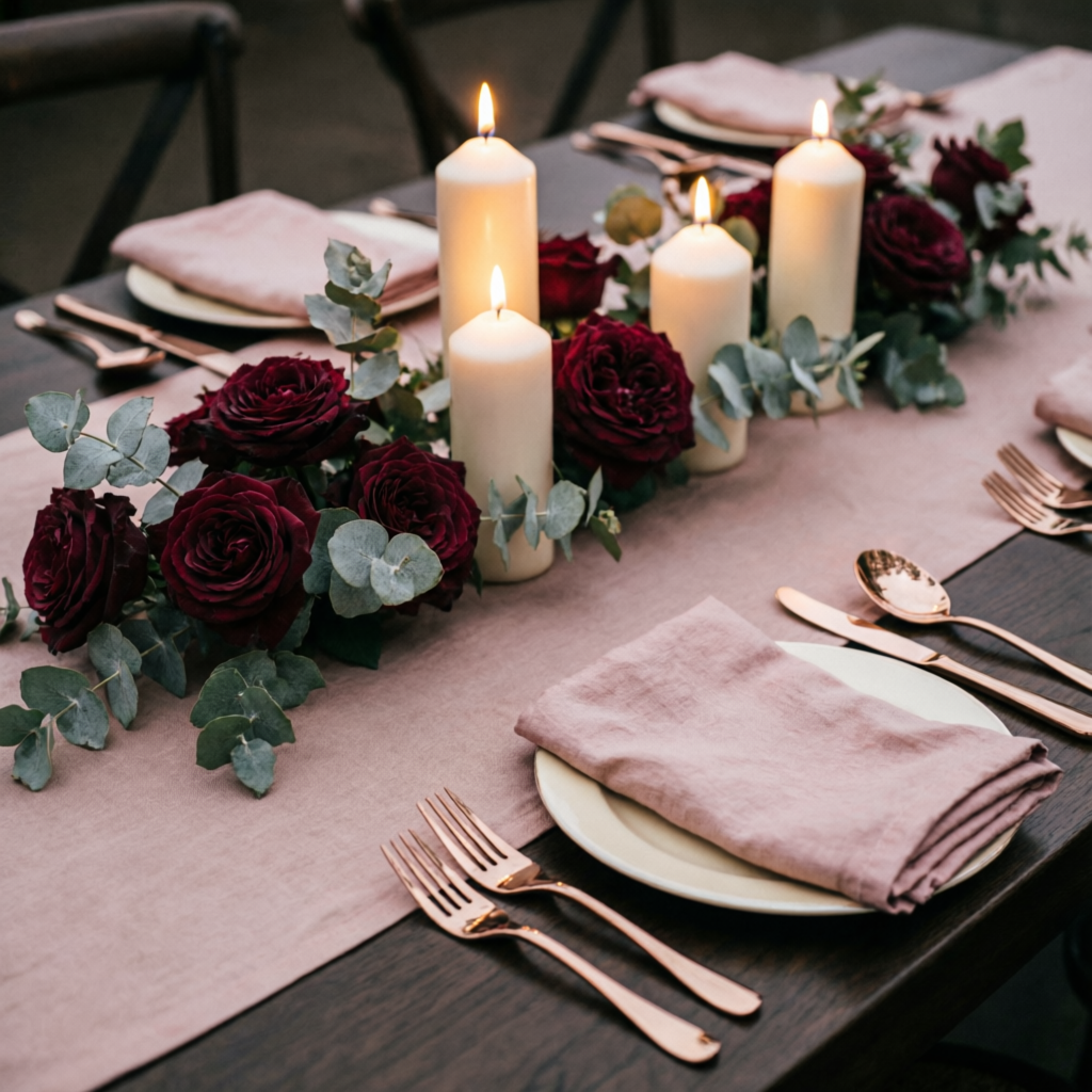 Reception table with candles and roses