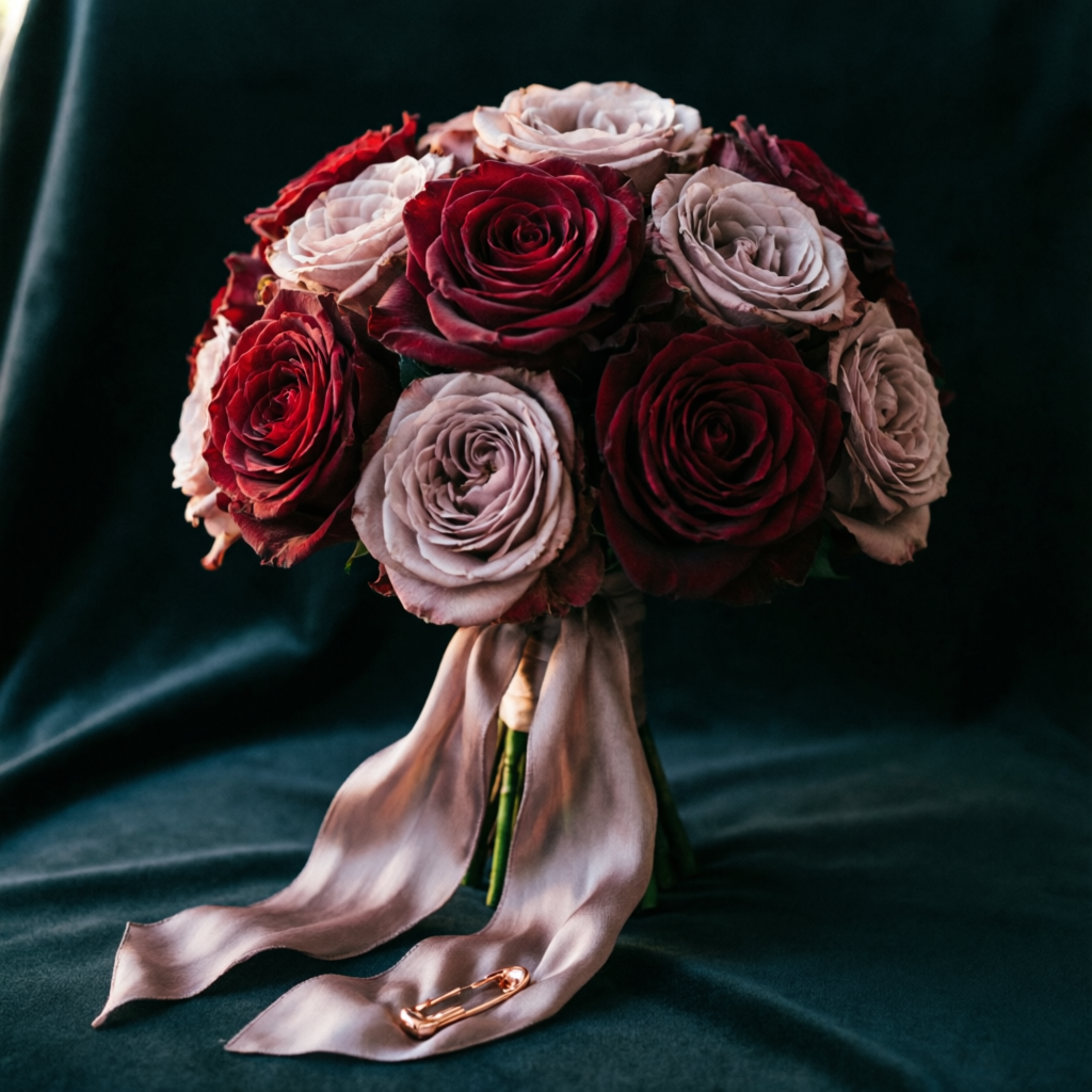 Bridal bouquet of burgundy and caramel roses