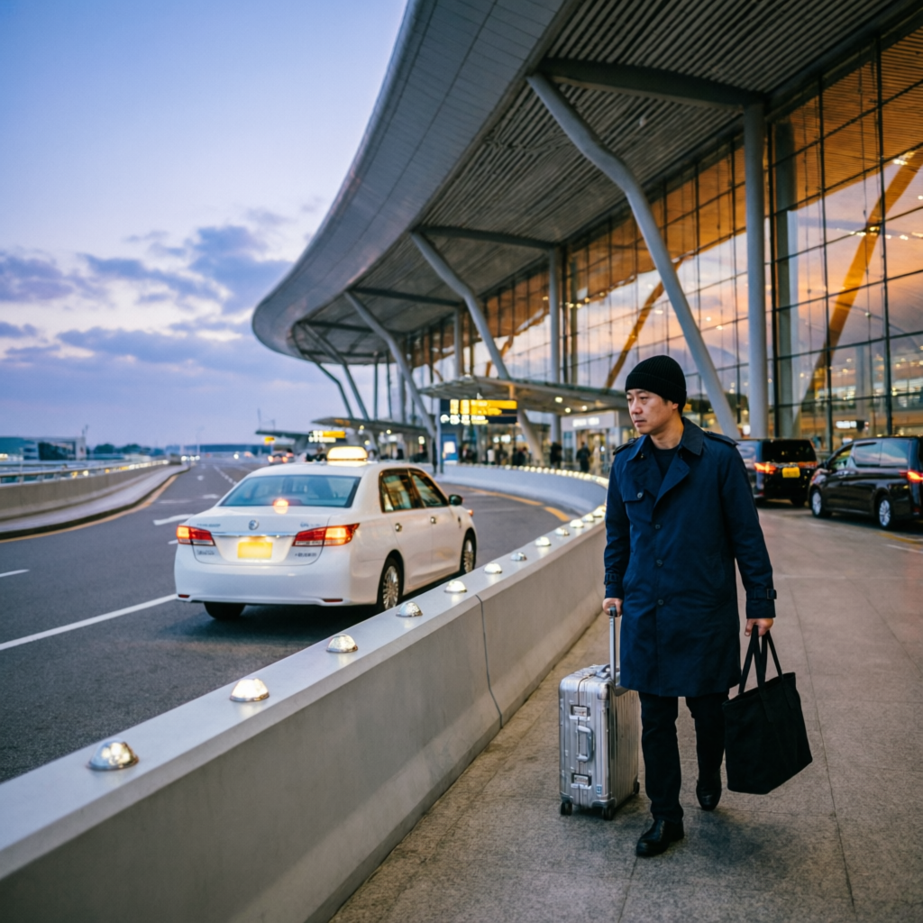 Traveler with taxi at airport terminal