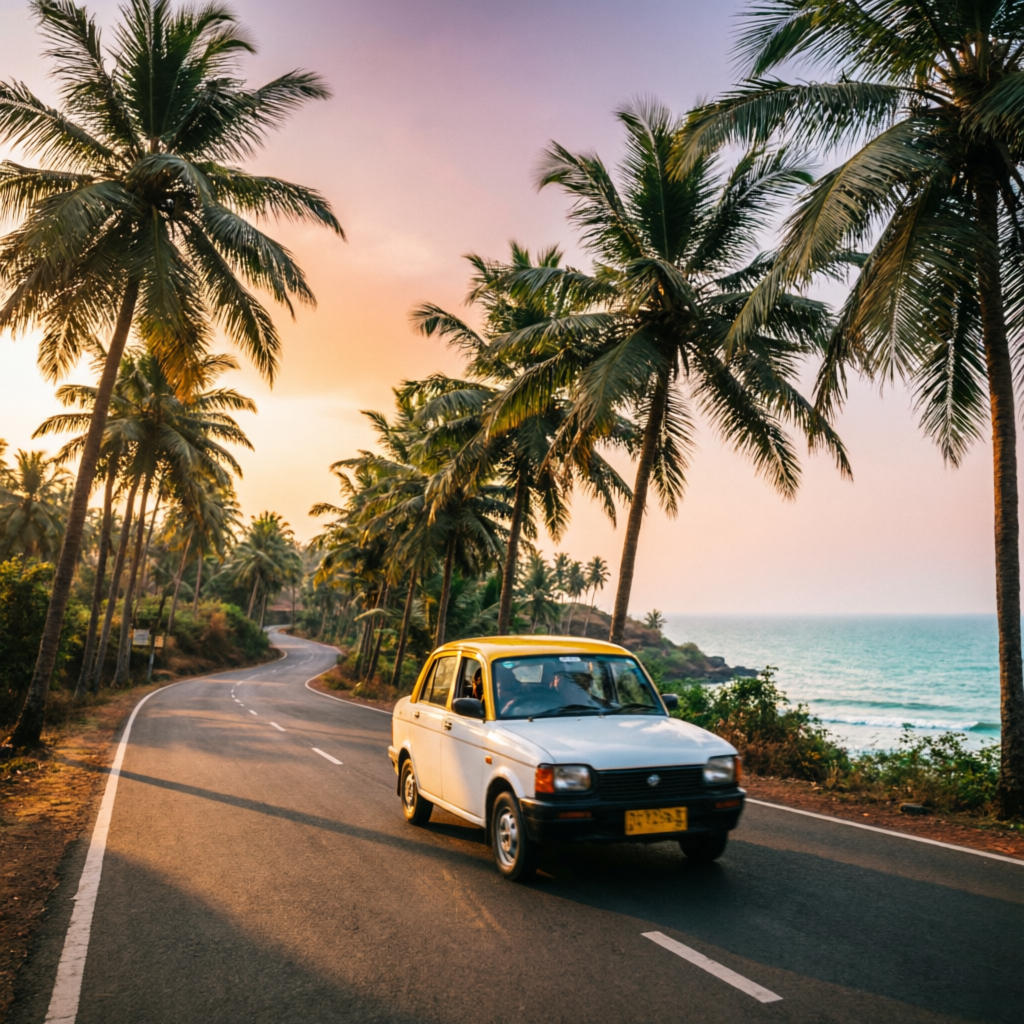 Taxi driving along a palm-lined Goan coastal road at sunset