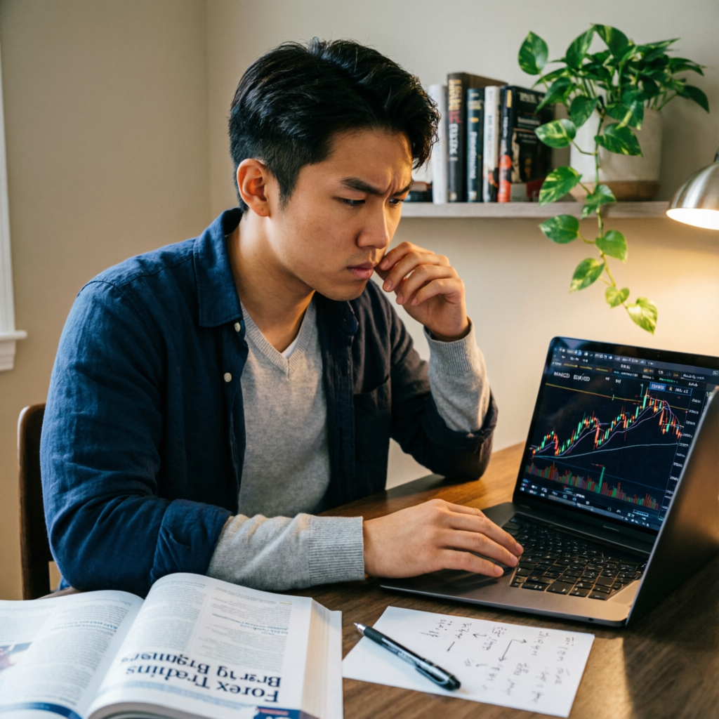 Beginner trader studying forex trading charts and learning prop firm strategies