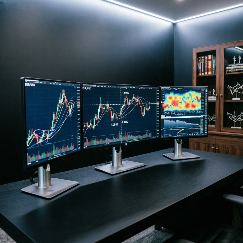 Professional trading analysis workspace with multiple monitors