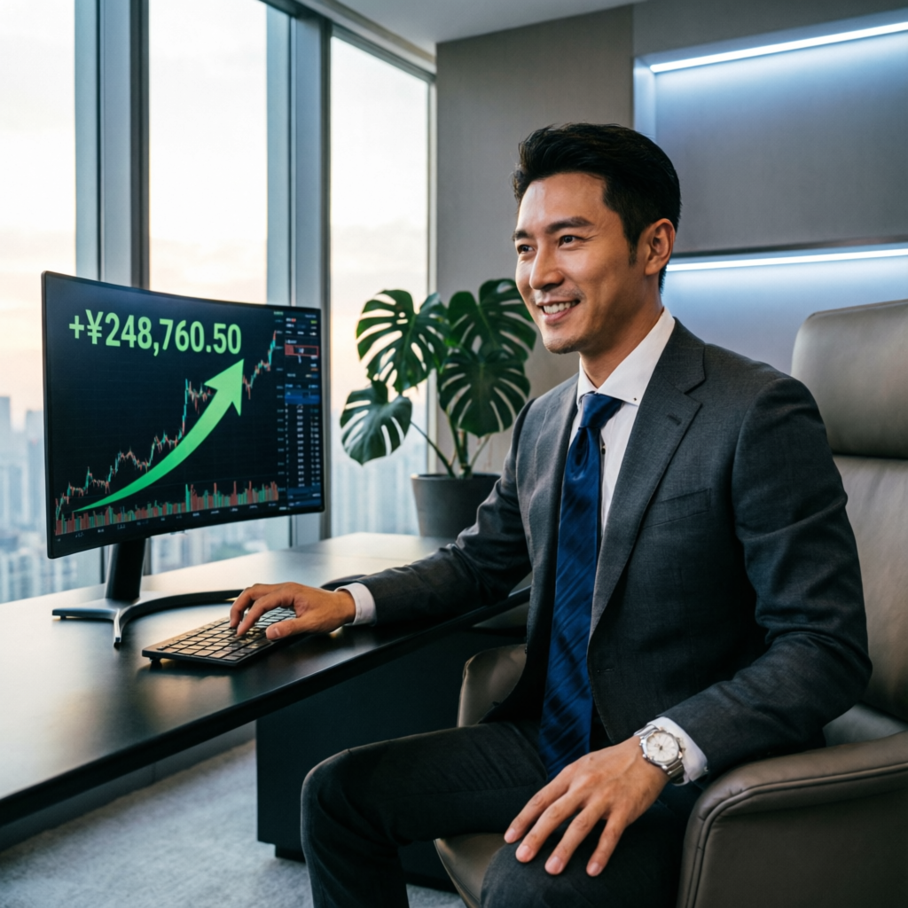 Successful funded trader celebrating profits on trading screen