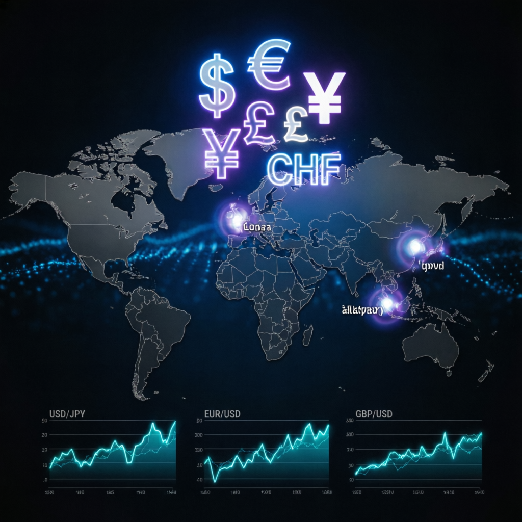 Global forex market analysis with currency symbols
