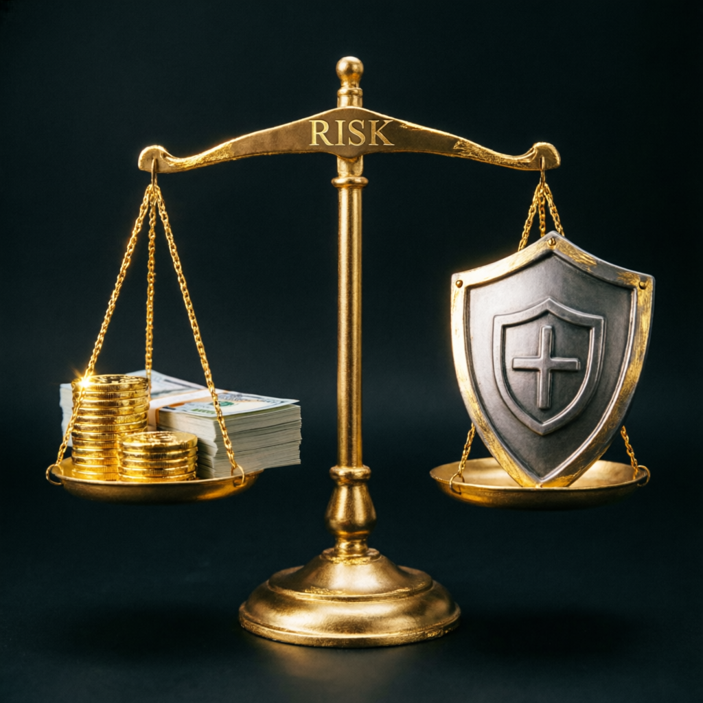 Risk management concept with balance scale showing risk vs protection