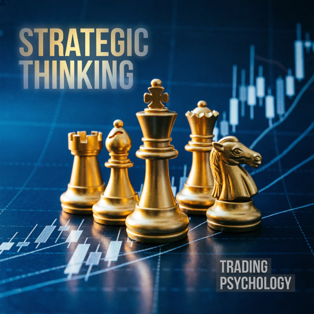 Strategic thinking and trading psychology with chess pieces on chart background