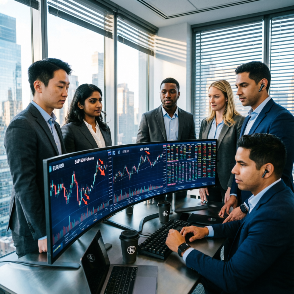 Professional prop firm trading team analyzing charts together