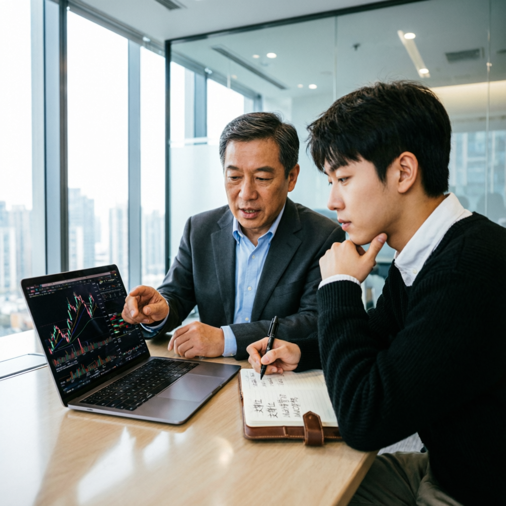 Professional mentor teaching trading strategies to student