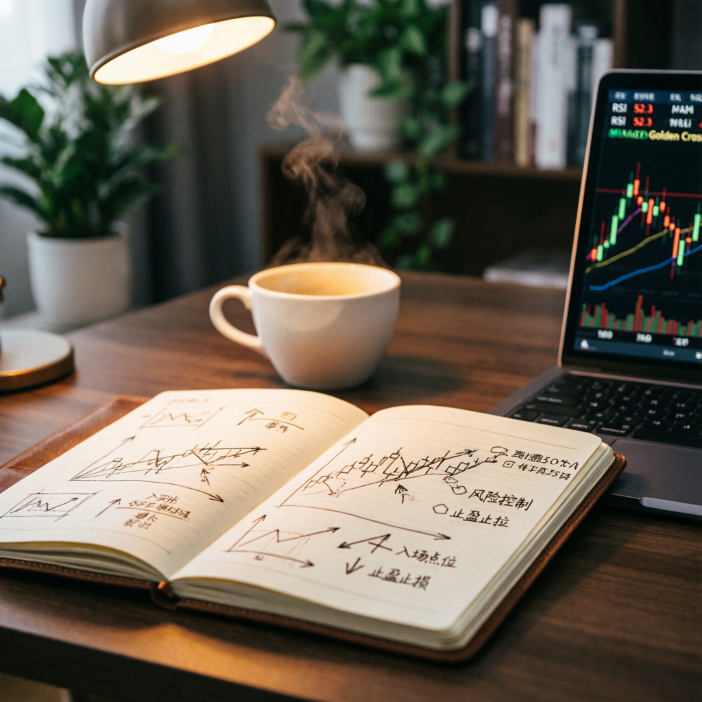 Trading strategy notebook with analysis sketches and coffee
