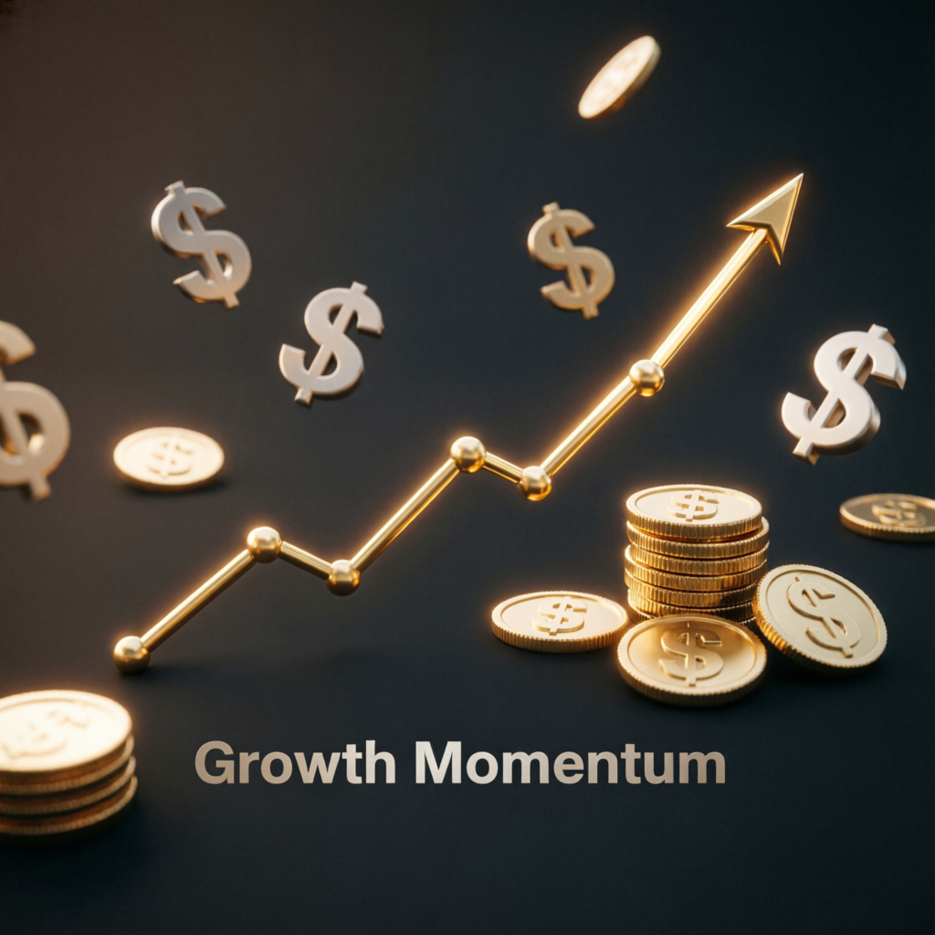 Growth momentum visualization with upward trending chart and gold coins