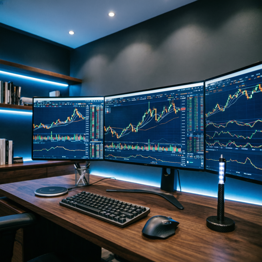 Advanced trading technology setup with multiple monitors
