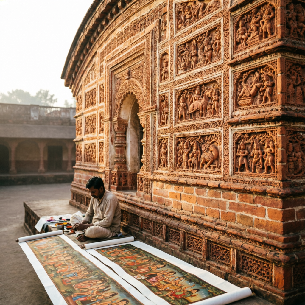 Terracotta temple of Bishnupur with a scroll painter