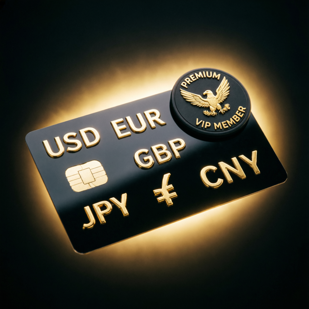 Premium VIP membership card with currency symbols representing elite prop firm service