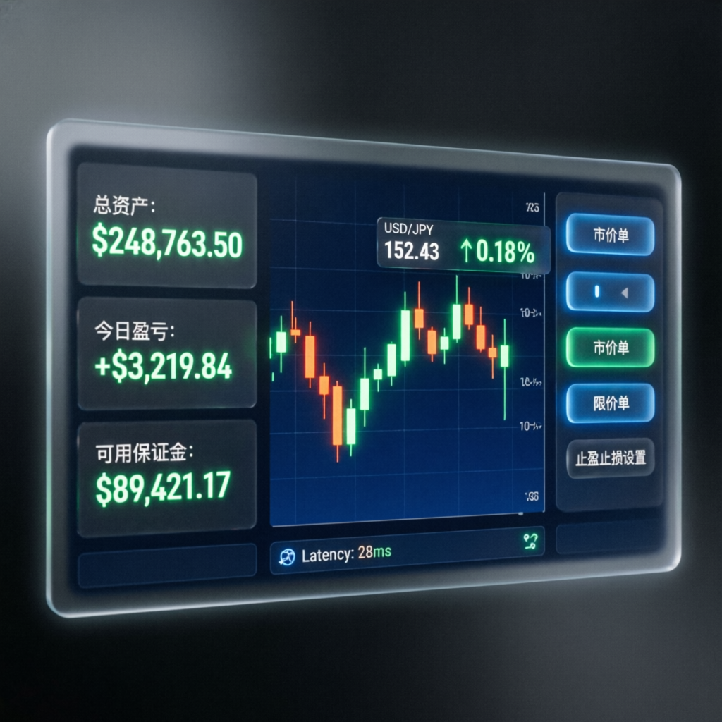 Modern trading dashboard showing live forex charts and account metrics