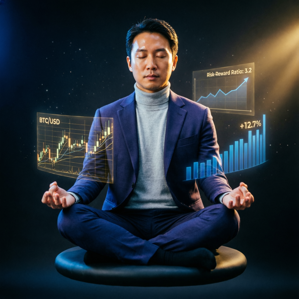Trader in meditation pose with floating charts showing trading psychology and discipline