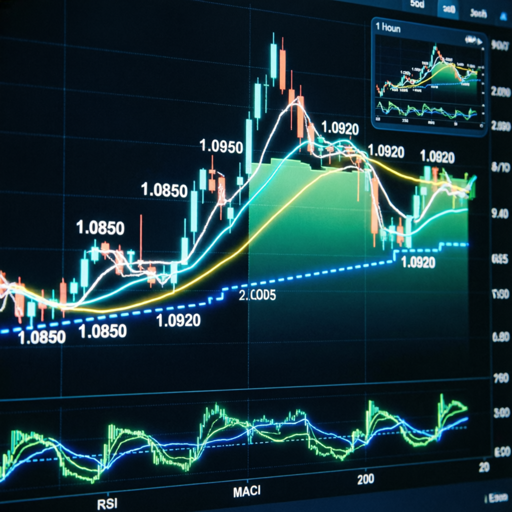 Advanced trading strategy chart with technical indicators and moving averages