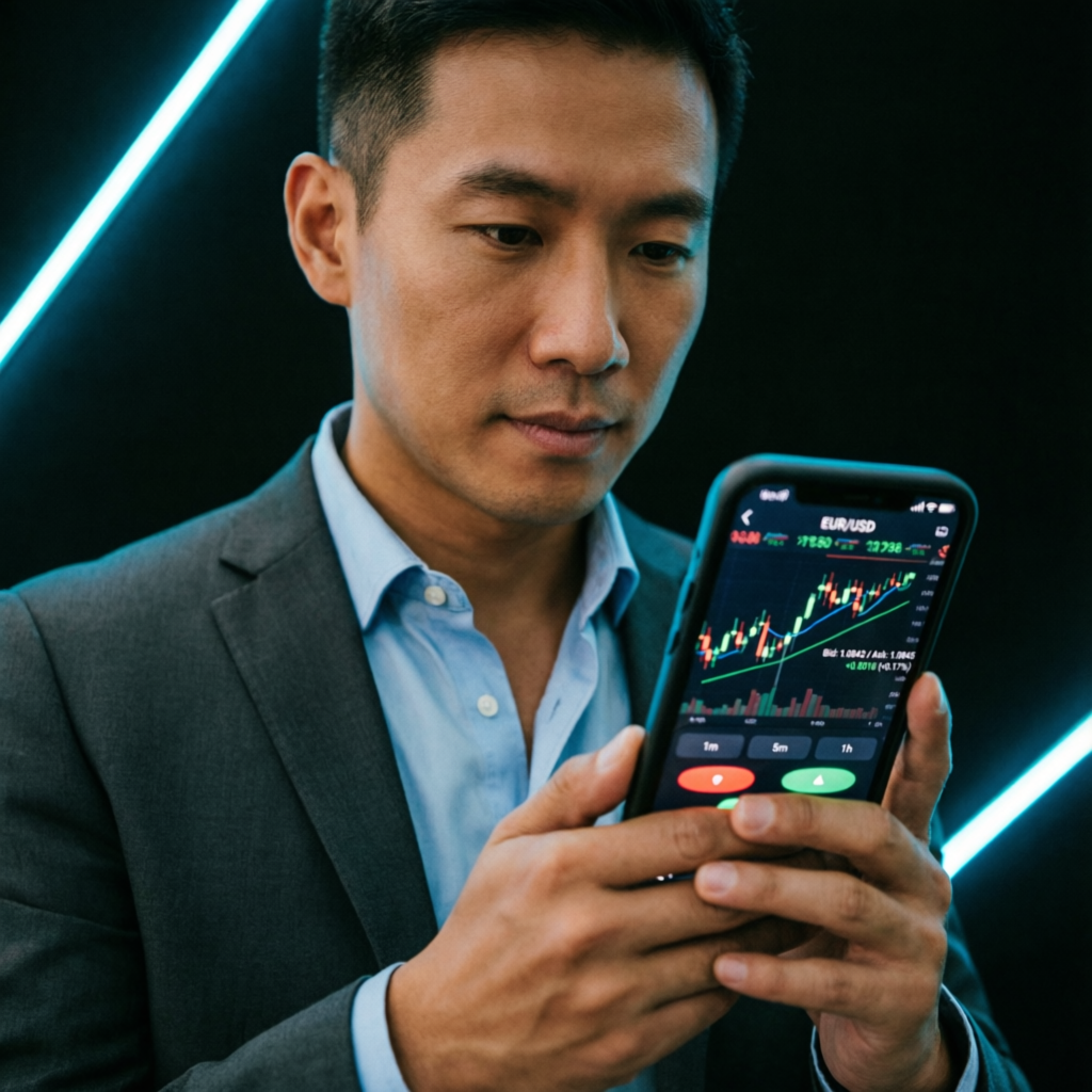 Professional trader using mobile phone to monitor forex trading app with live charts