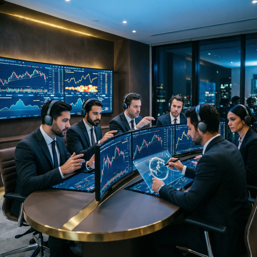 Elite team of professional forex traders analyzing multiple screens in modern trading office