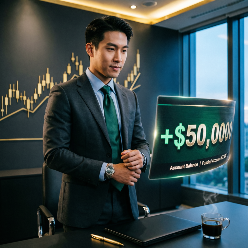 Professional trader celebrating funded account success with $50,000 profit display