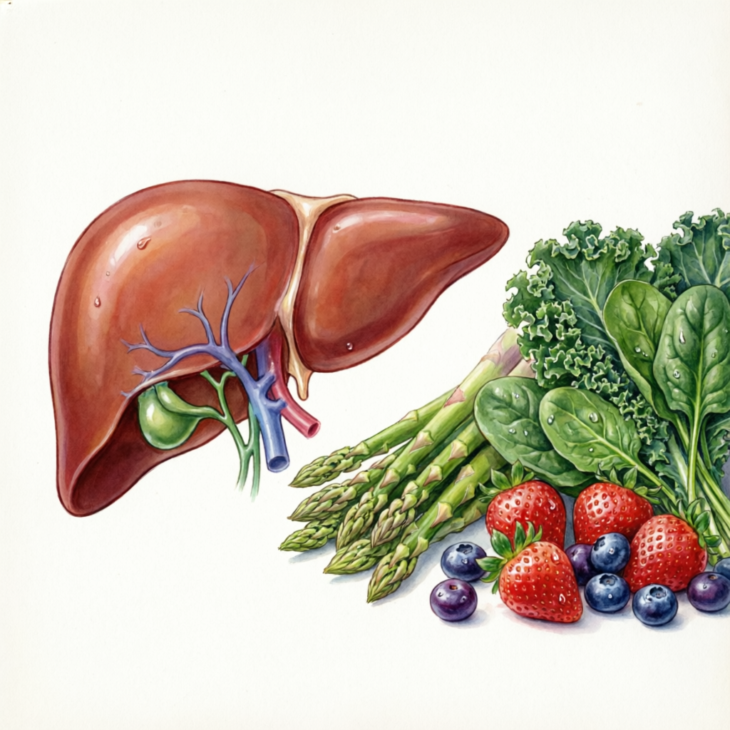 Healthy liver illustration with fresh vegetables like asparagus, spinach, and berries representing natural detox foods