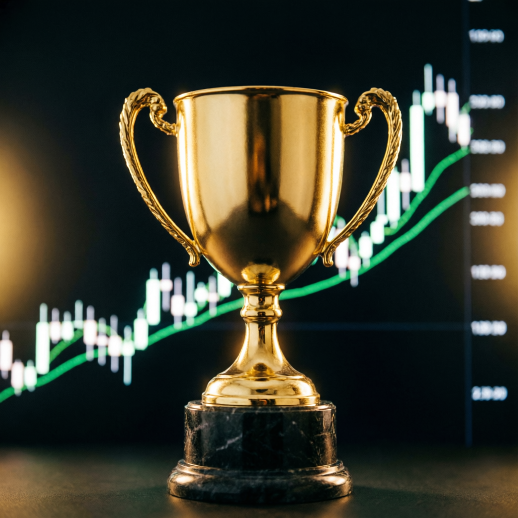 Gold trophy representing successful Topstep prop firm challenge pass achievement
