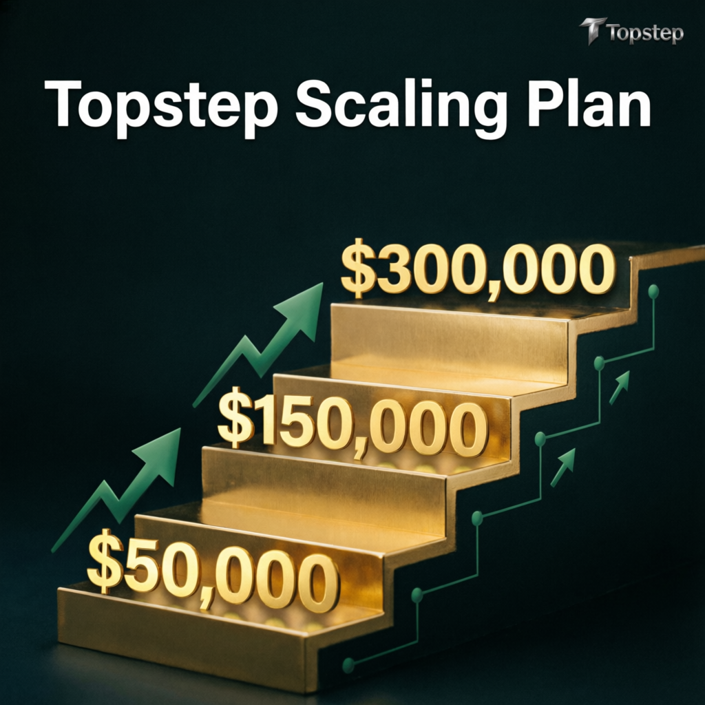 Topstep scaling plan visualization showing account growth from $50K to $150K to $300K