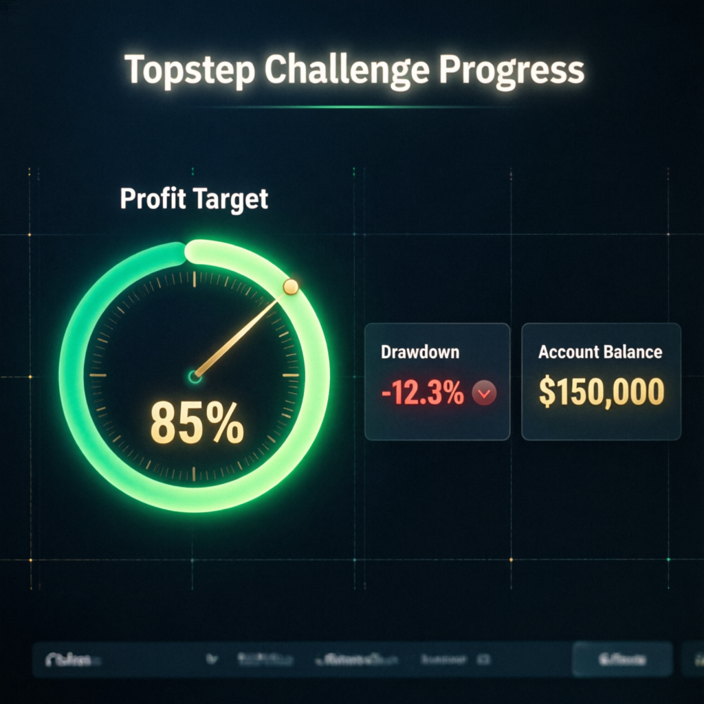 Topstep challenge progress dashboard showing 85% profit target completion with drawdown indicators