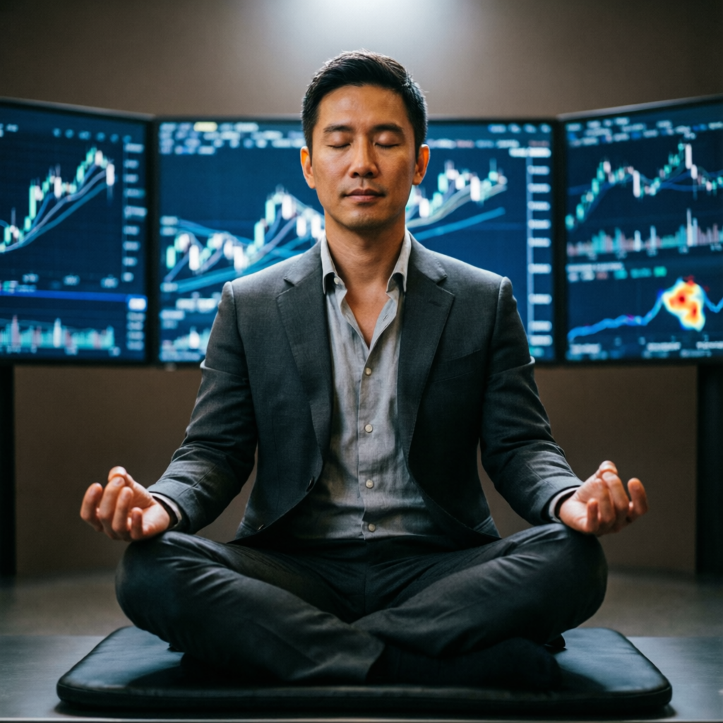 Professional trader practicing trading psychology and mental discipline with trading charts background