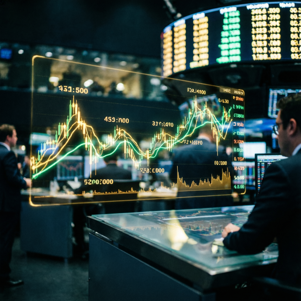 Professional trading floor with multiple futures charts and financial data displays