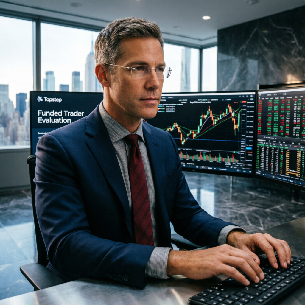 Professional funded trader evaluation at Topstep prop firm with multi-monitor trading setup