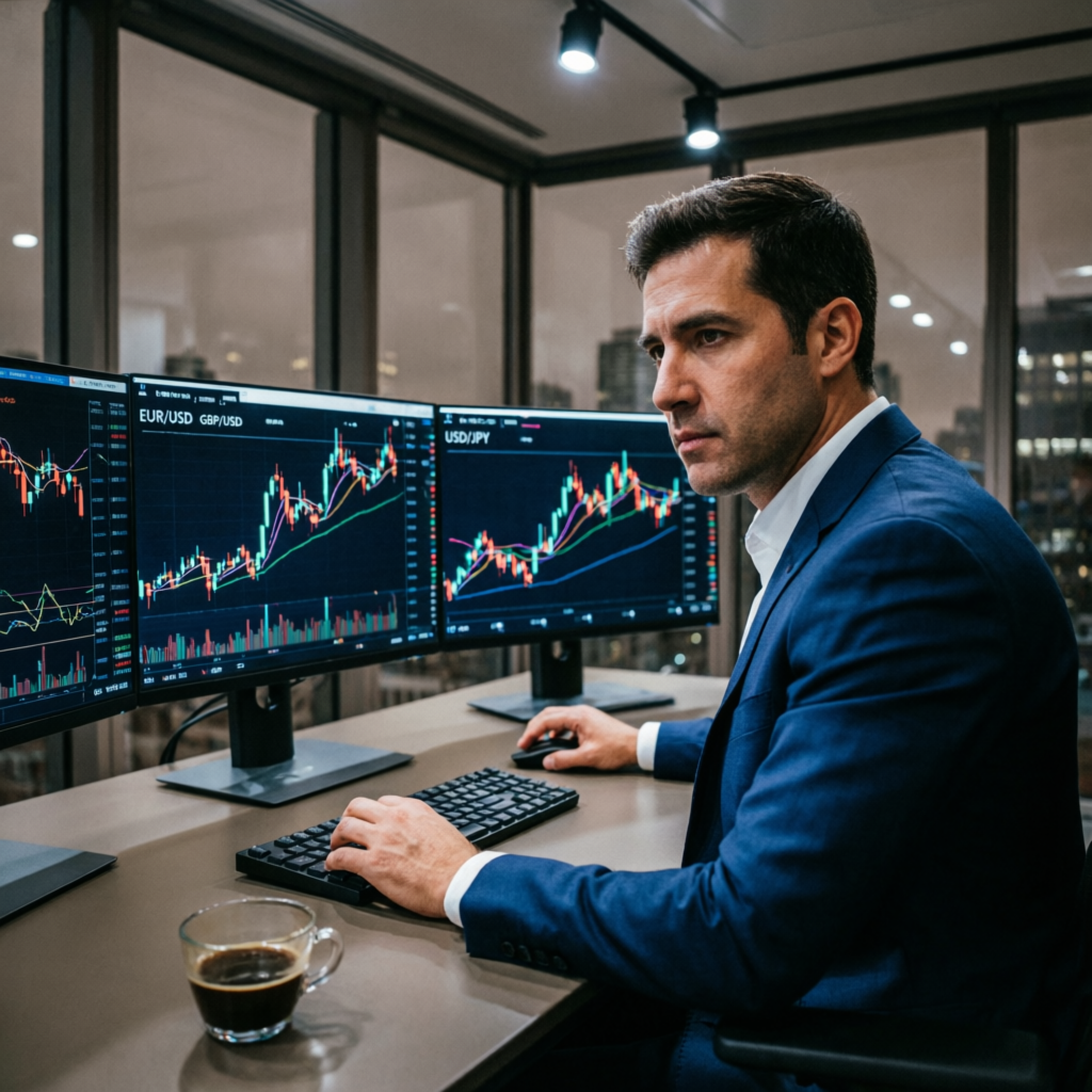 Professional forex account manager analyzing multiple currency pairs on trading screens