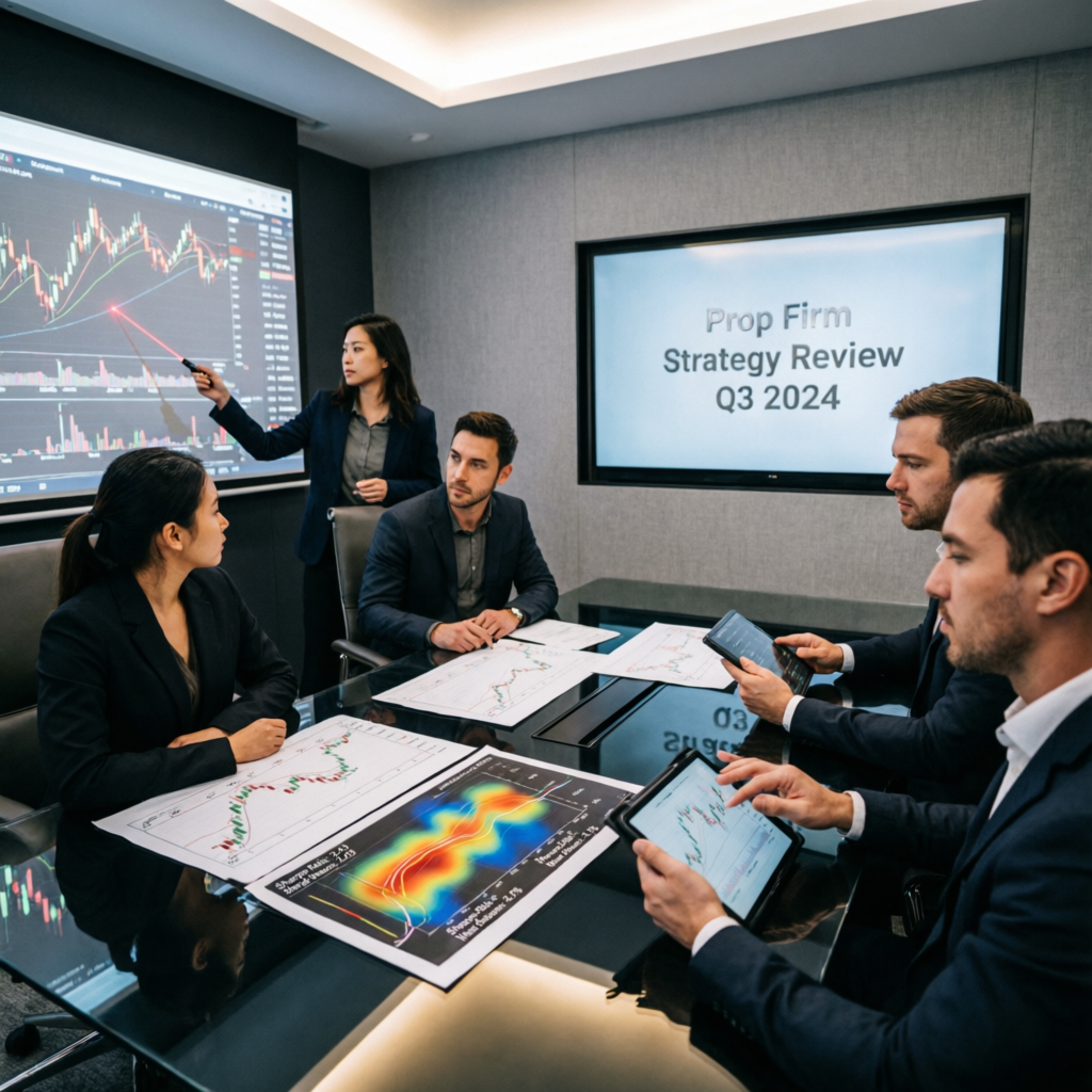 Professional prop firm strategy review meeting with trading analysts and performance charts